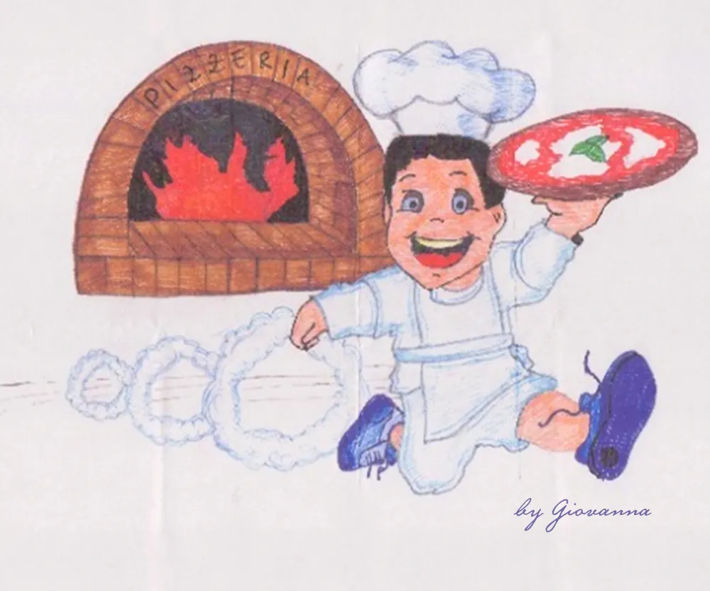 Il disegno della mascotte: un pizzaiolo che corre con una pizza davanti al forno